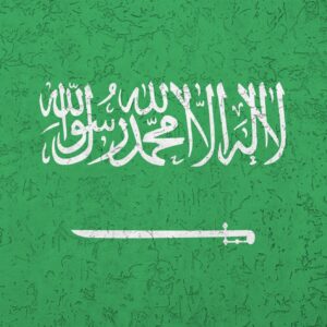 Saudi Arabia flag depicted in bright paint colors on old relief plastering wall close up